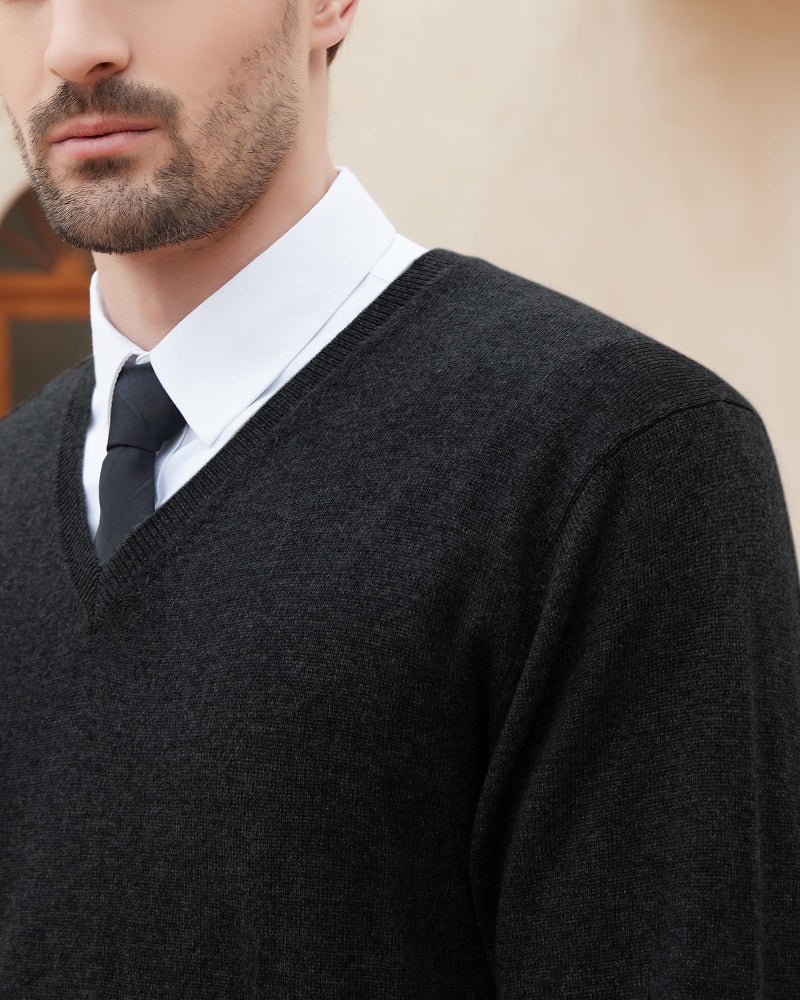 Kallspin Men's Wool Blend V-Neck Sweater Relax Fit Knit Pullover (Black, Large) - Image 4